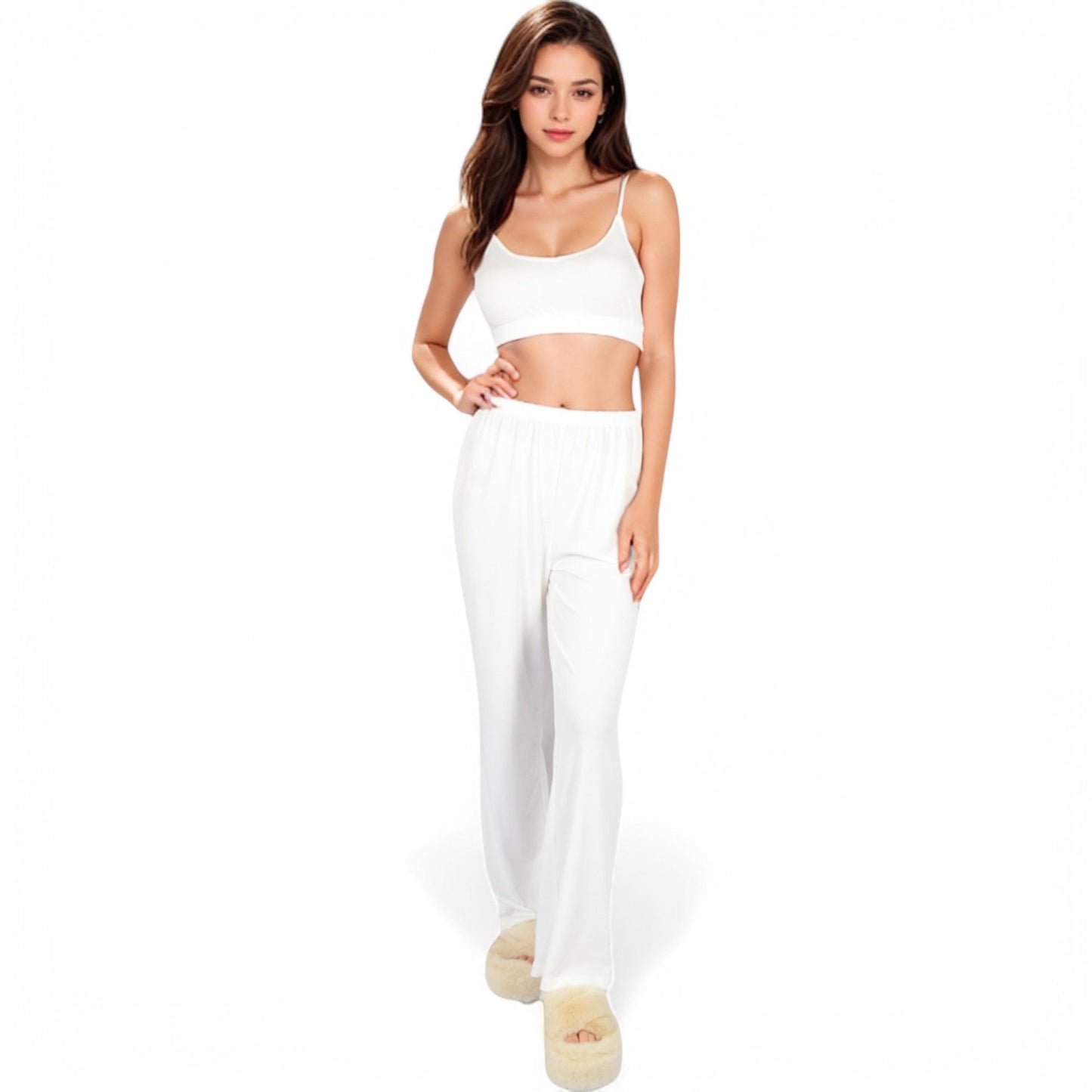 Ribbed Knit Lounge Set with Open Front Cardigan, Bralette, and Wide-Leg Pants