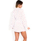 Heart Print Lounge Set with Open Front Shirt, Tie Waist Shorts, and Matching Belt- Pink,Small