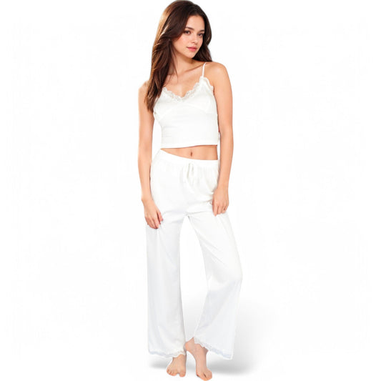 Lace Trim Ribbed Knit Pajama Set with Adjustable Drawstring