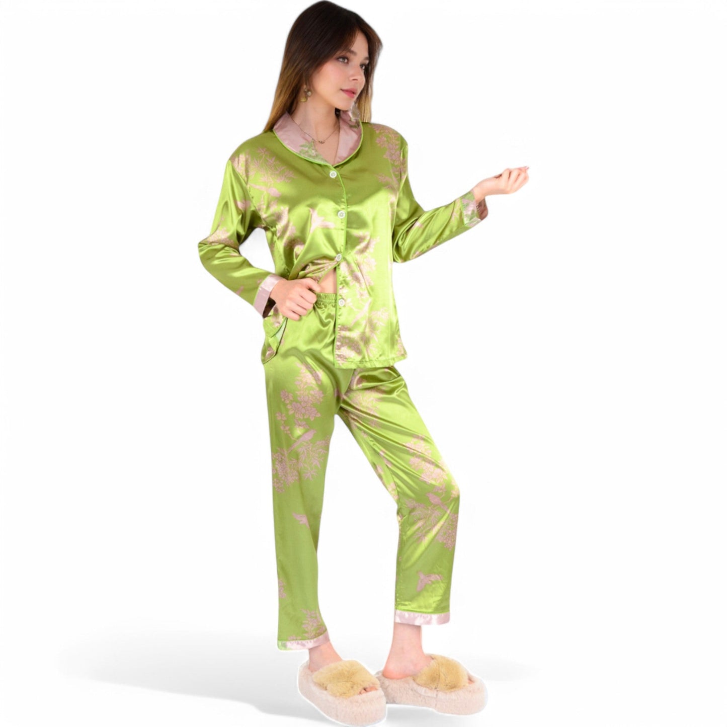 Satin Bamboo Print Pajama Set with Contrast Trim