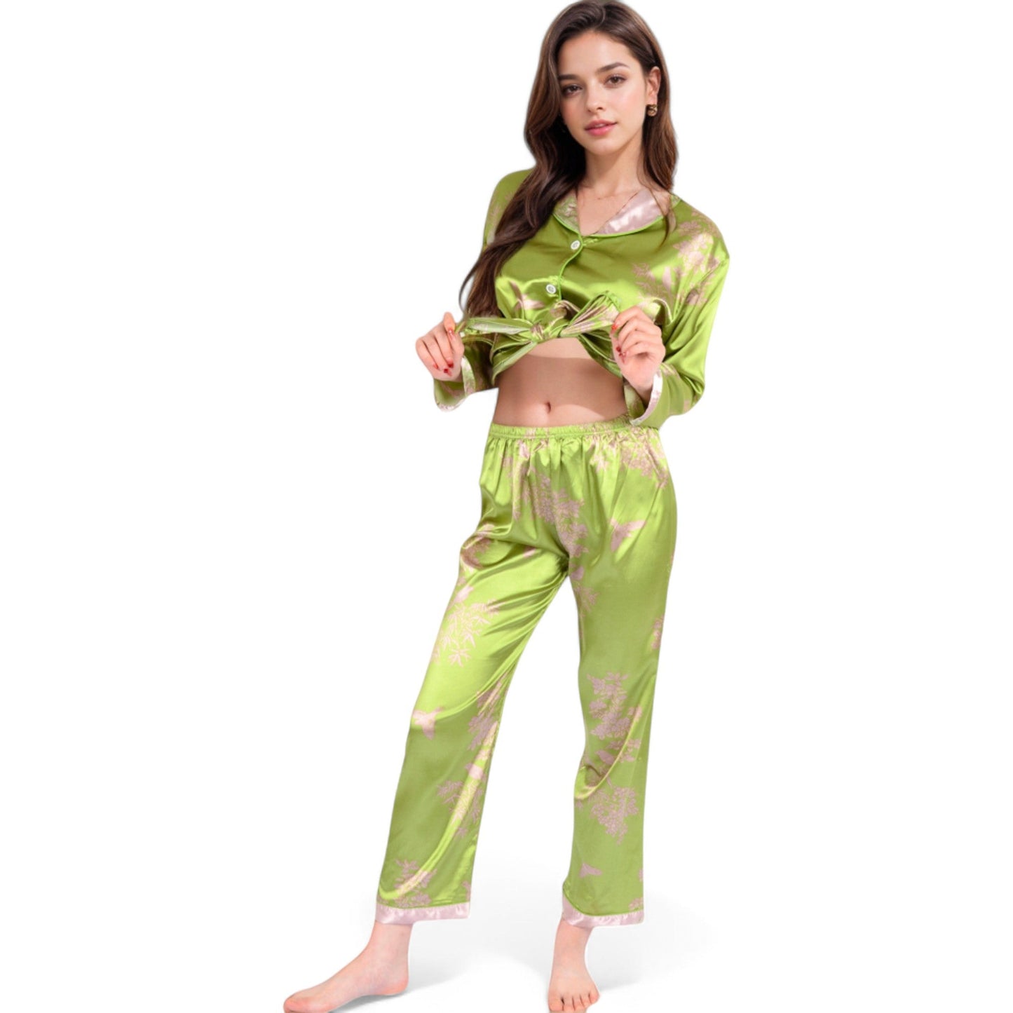 Satin Bamboo Print Pajama Set with Contrast Trim