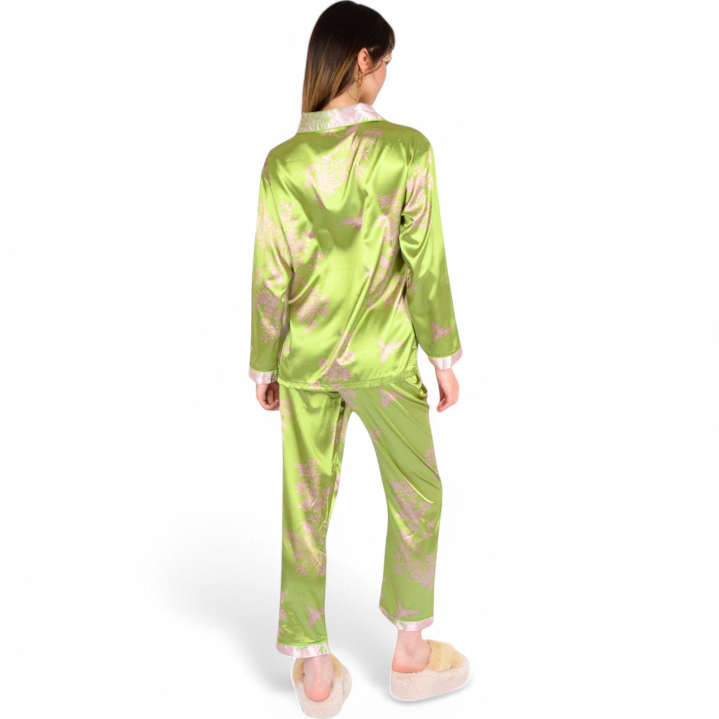 Satin Bamboo Print Pajama Set with Contrast Trim