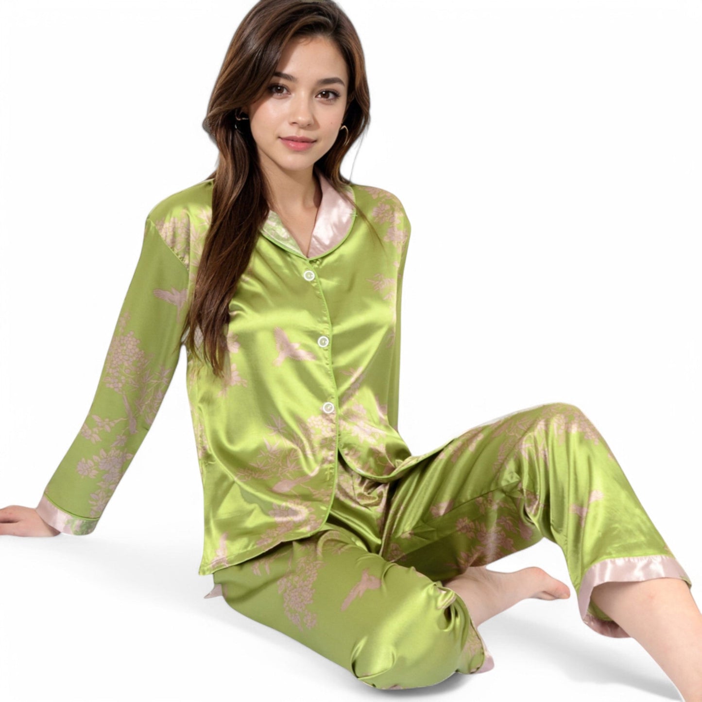 Satin Bamboo Print Pajama Set with Contrast Trim