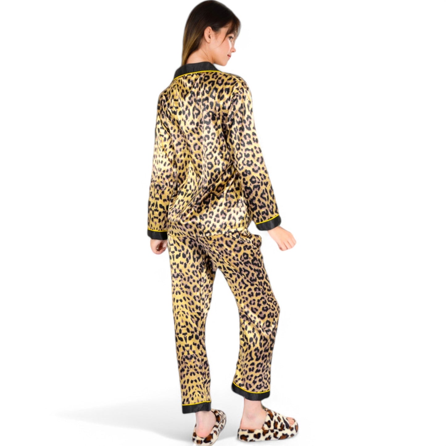 Satin Leopard Print Pajama Set with Button-Down Top