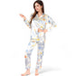 Botanical Print Satin Pajama Set with Button-Up Top and Long Pants