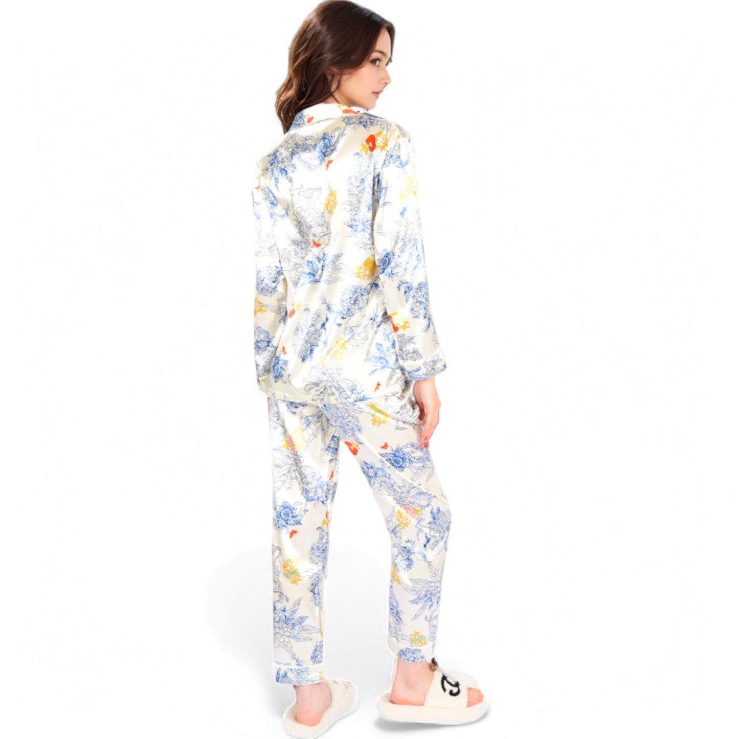 Botanical Print Satin Pajama Set with Button-Up Top and Long Pants