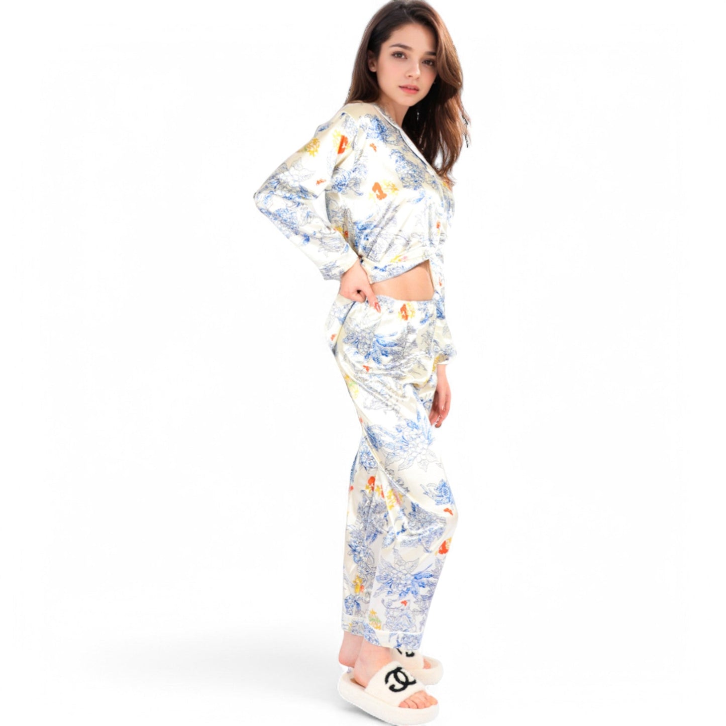 Botanical Print Satin Pajama Set with Button-Up Top and Long Pants