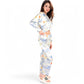 Botanical Print Satin Pajama Set with Button-Up Top and Long Pants