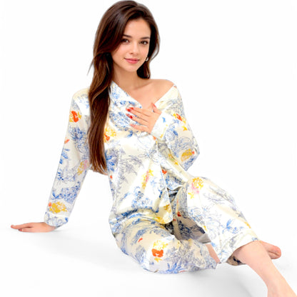 Botanical Print Satin Pajama Set with Button-Up Top and Long Pants