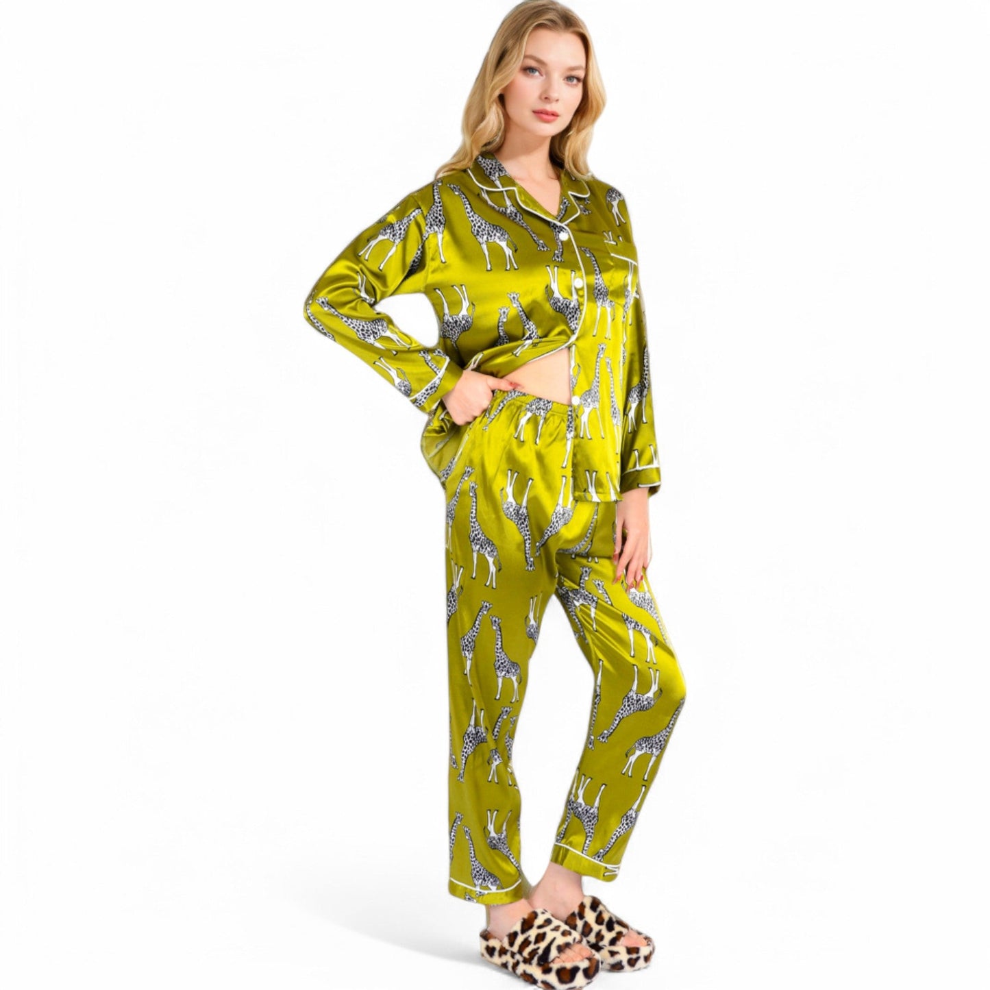 Satin Pajama Set with Giraffe Print and Button-Down Top