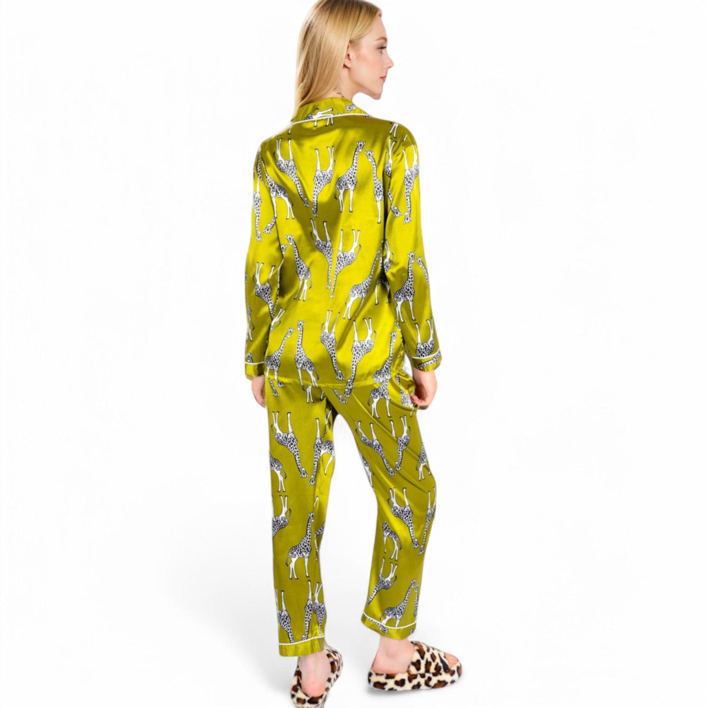 Satin Pajama Set with Giraffe Print and Button-Down Top