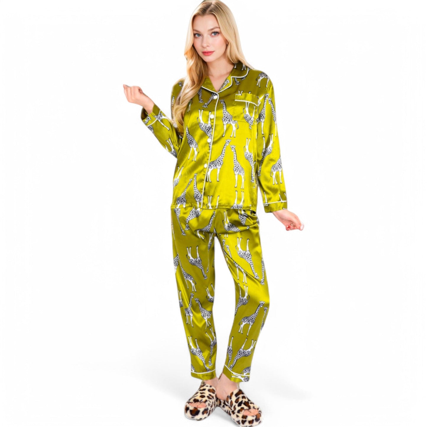Satin Pajama Set with Giraffe Print and Button-Down Top
