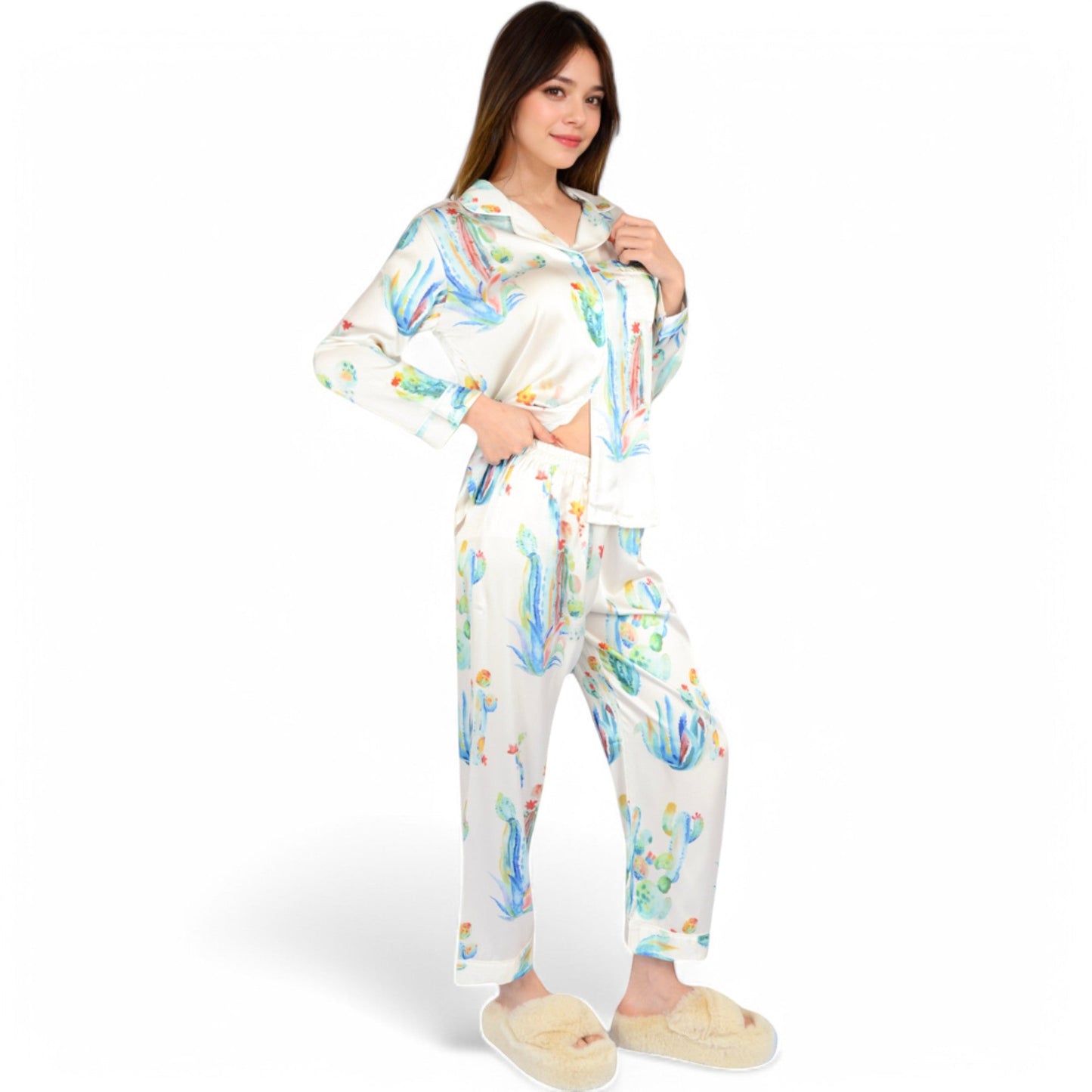 Satin Pajama Set with Cactus Print and Relaxed Fit
