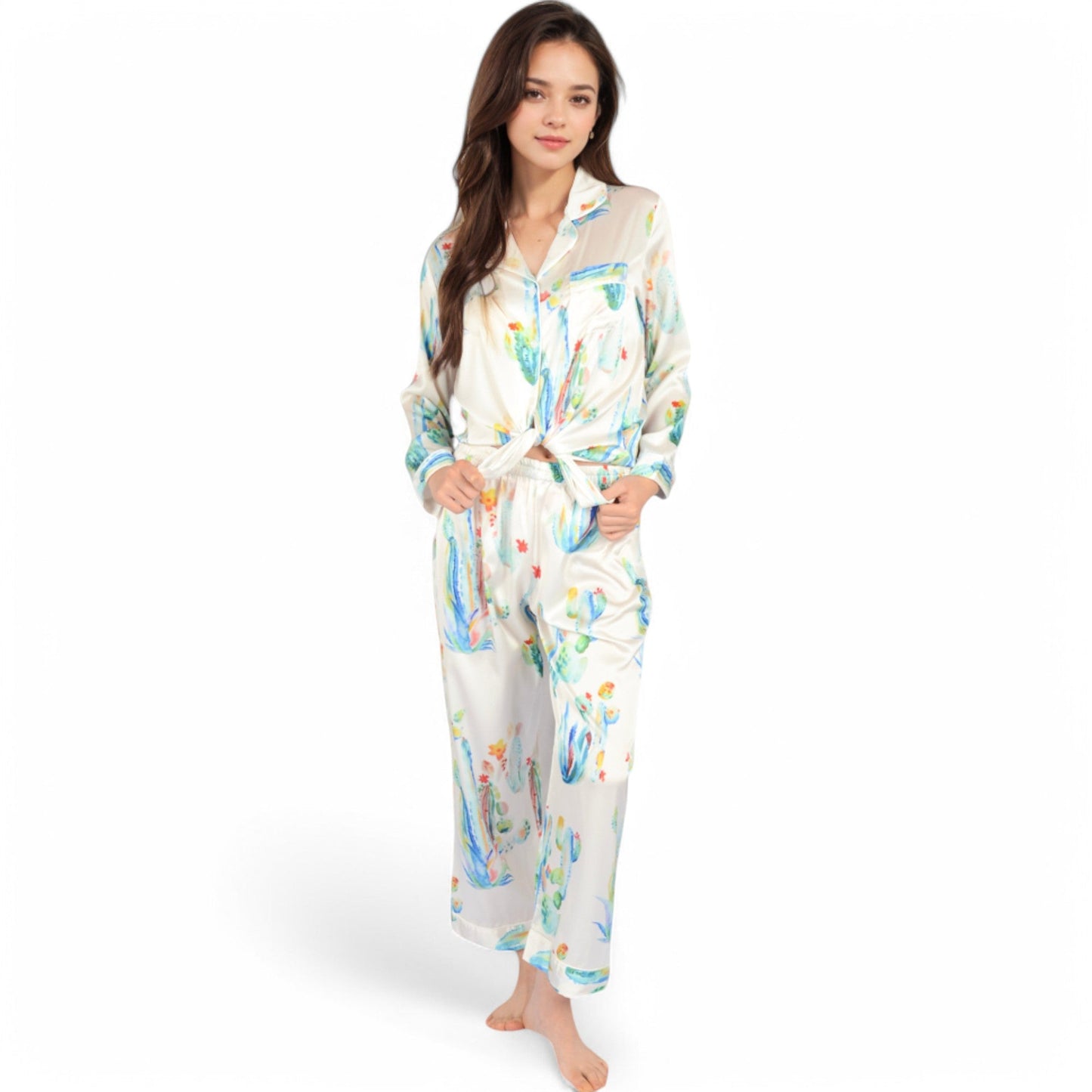 Satin Pajama Set with Cactus Print and Relaxed Fit