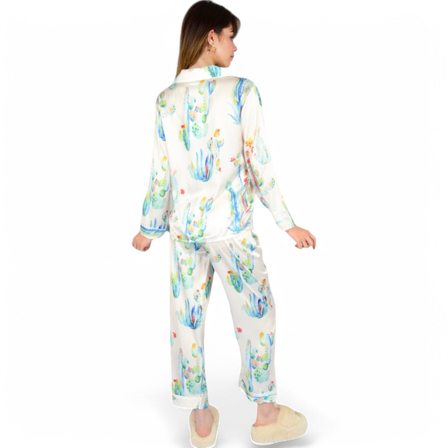 Satin Pajama Set with Cactus Print and Relaxed Fit