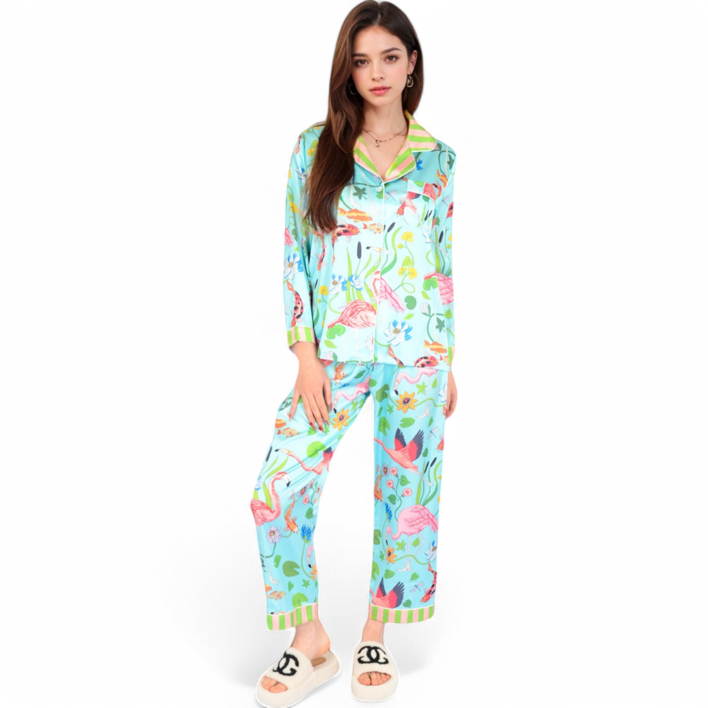 Satin Pajama Set with Tropical Flamingo Print and Waist Tie- Light Blue,Small