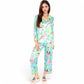 Satin Pajama Set with Tropical Flamingo Print and Waist Tie- Light Blue,Small