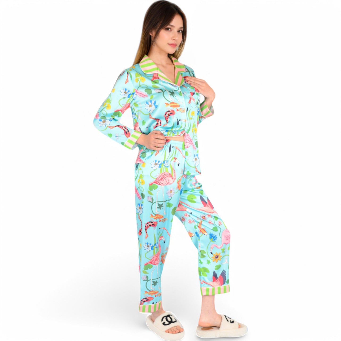 Satin Pajama Set with Tropical Flamingo Print and Waist Tie- Light Blue,Small