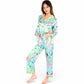 Satin Pajama Set with Tropical Flamingo Print and Waist Tie- Light Blue,Small