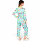 Satin Pajama Set with Tropical Flamingo Print and Waist Tie- Light Blue,Small