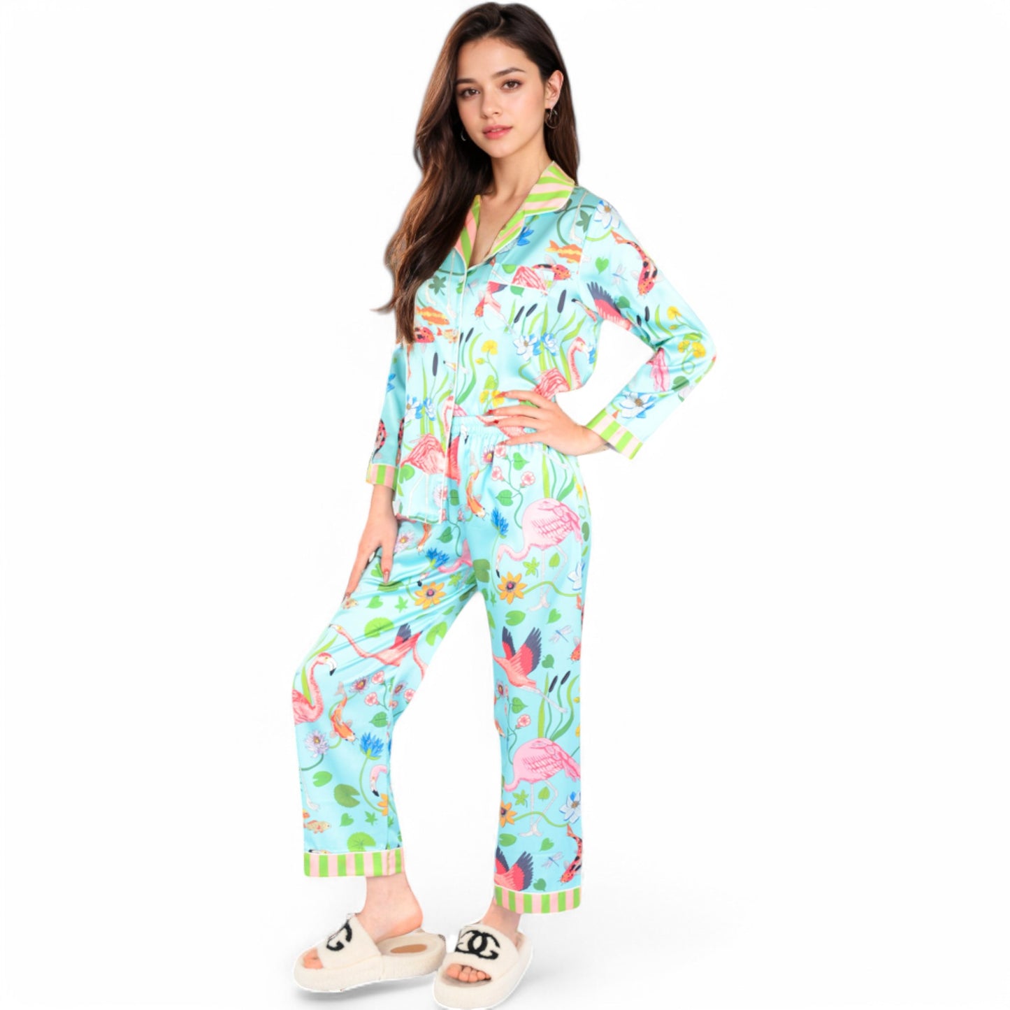 Satin Pajama Set with Tropical Flamingo Print and Waist Tie- Light Blue,Small