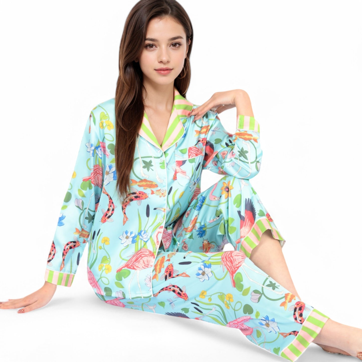 Satin Pajama Set with Tropical Flamingo Print and Waist Tie- Light Blue,Small