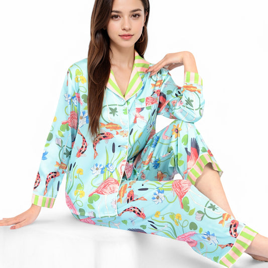 Satin Pajama Set with Tropical Flamingo Print and Waist Tie- Light Blue,Small