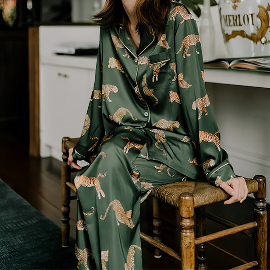 Long Sleeve Button Front Pajama Set with Tiger Print and Satin Finish