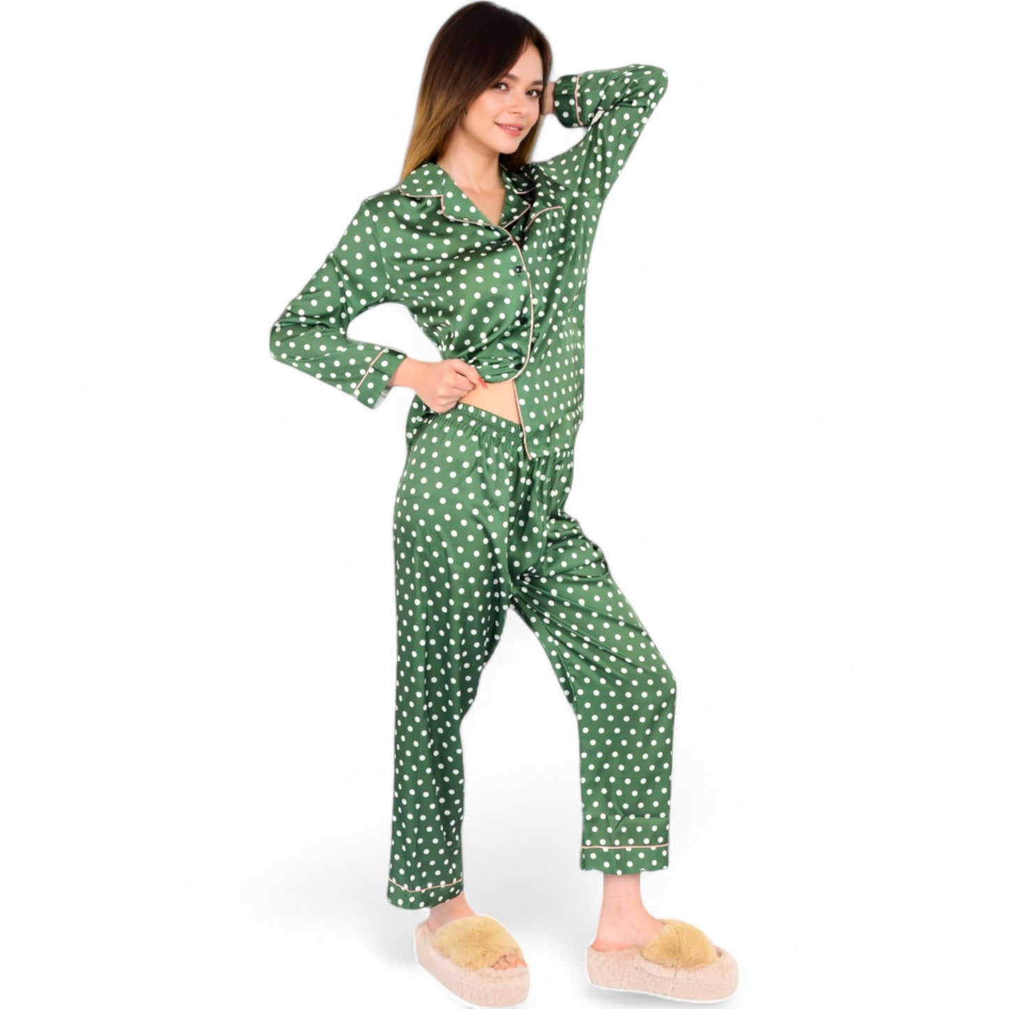 Polka Dot Satin Pajama Set with Ruffled Cuffs and Piping Detail