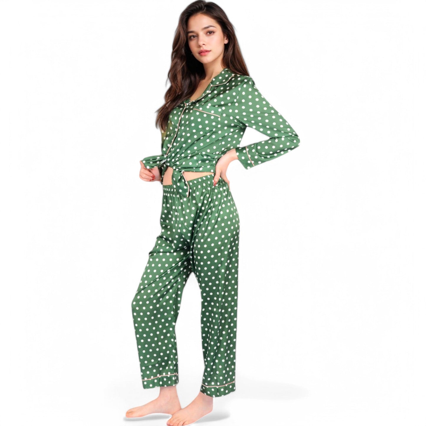Polka Dot Satin Pajama Set with Ruffled Cuffs and Piping Detail