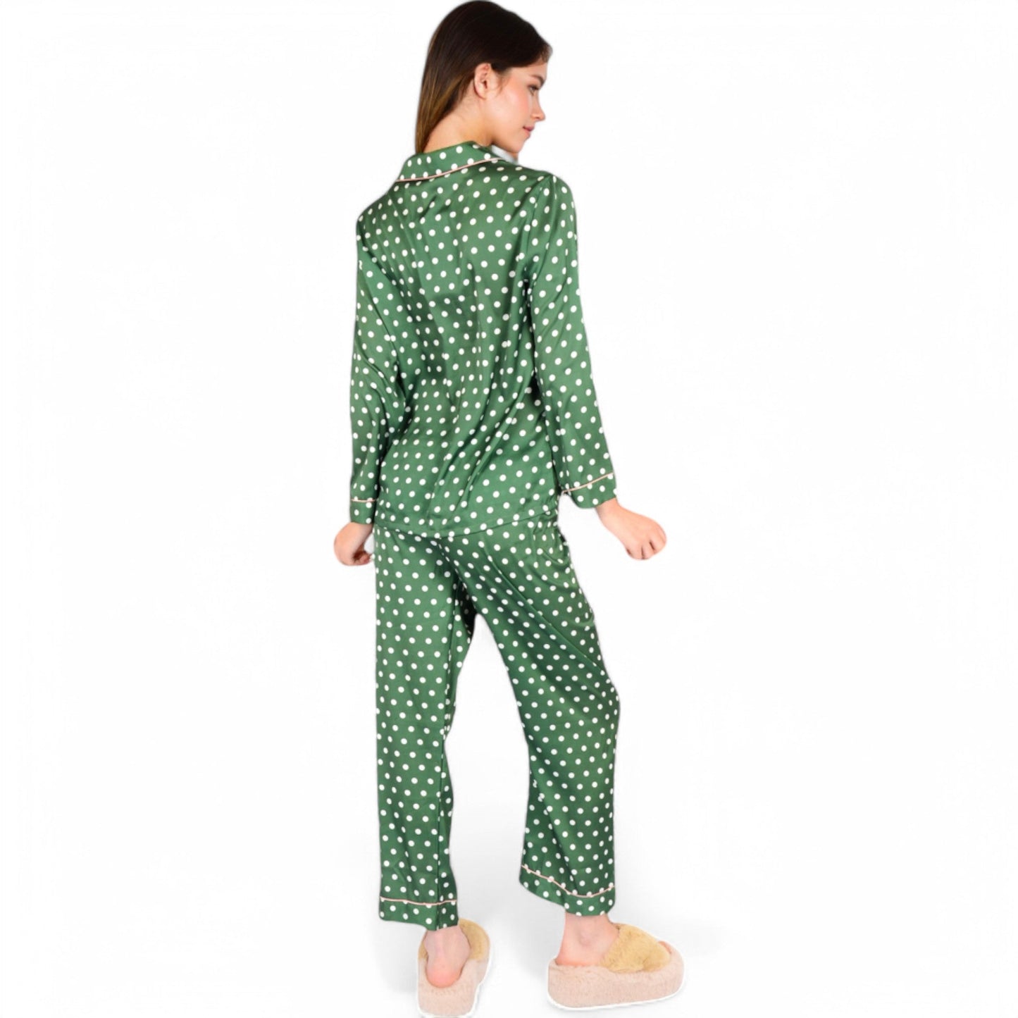 Polka Dot Satin Pajama Set with Ruffled Cuffs and Piping Detail