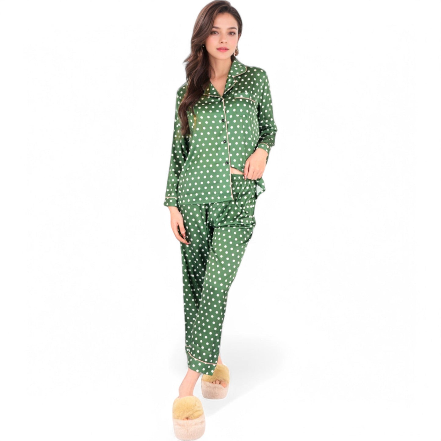Polka Dot Satin Pajama Set with Ruffled Cuffs and Piping Detail