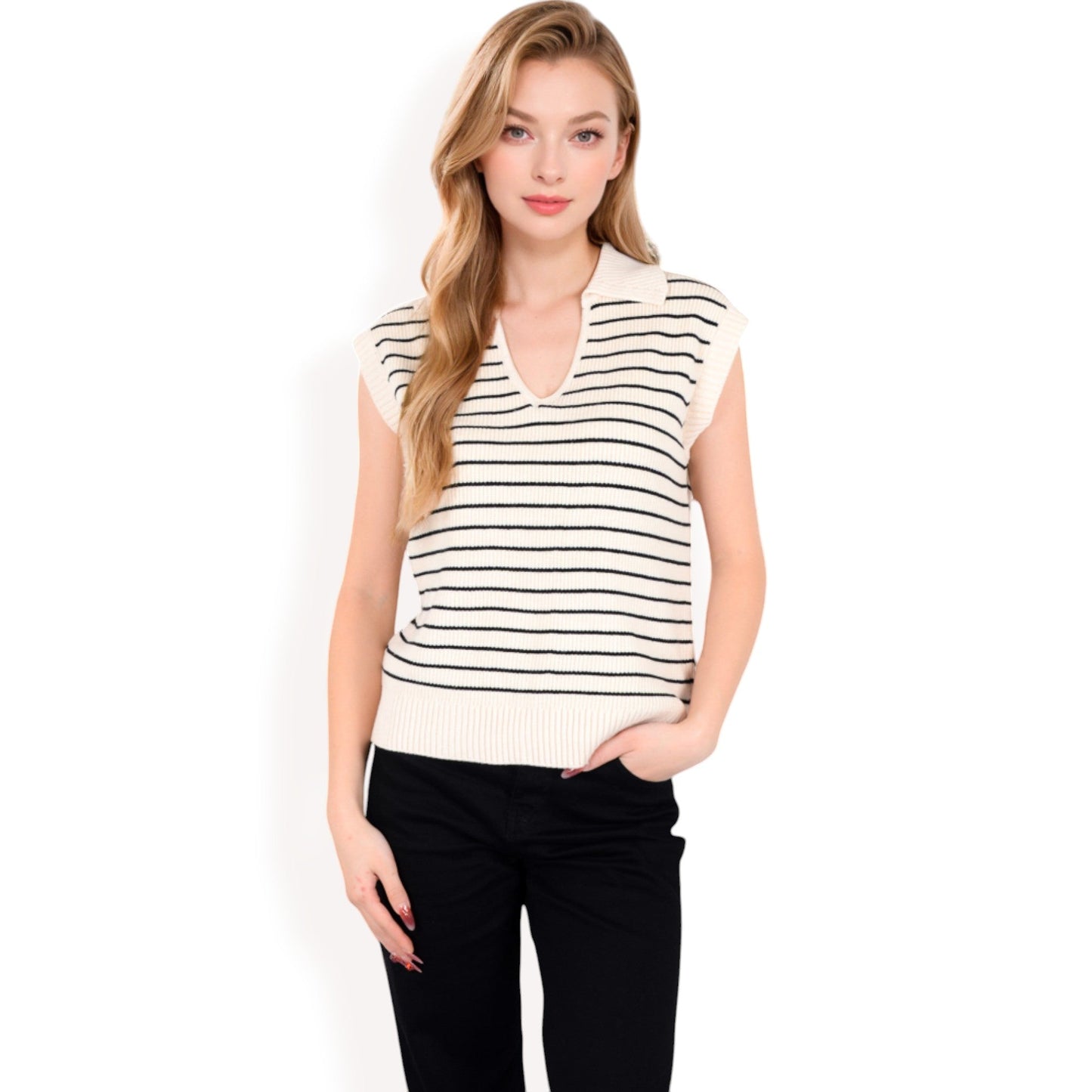 Striped Knit Sleeveless Sweater Vest with Collared V-Neck