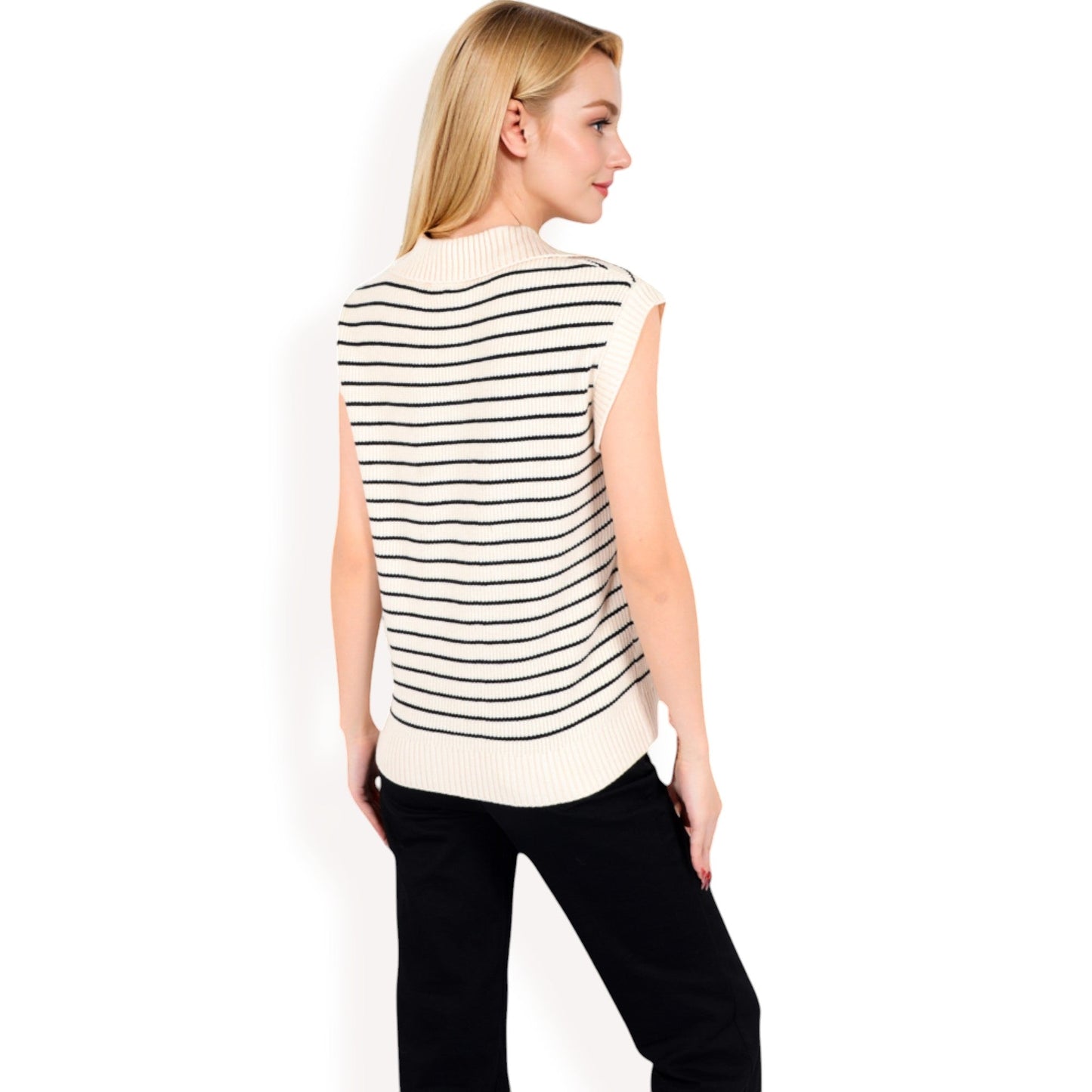 Striped Knit Sleeveless Sweater Vest with Collared V-Neck