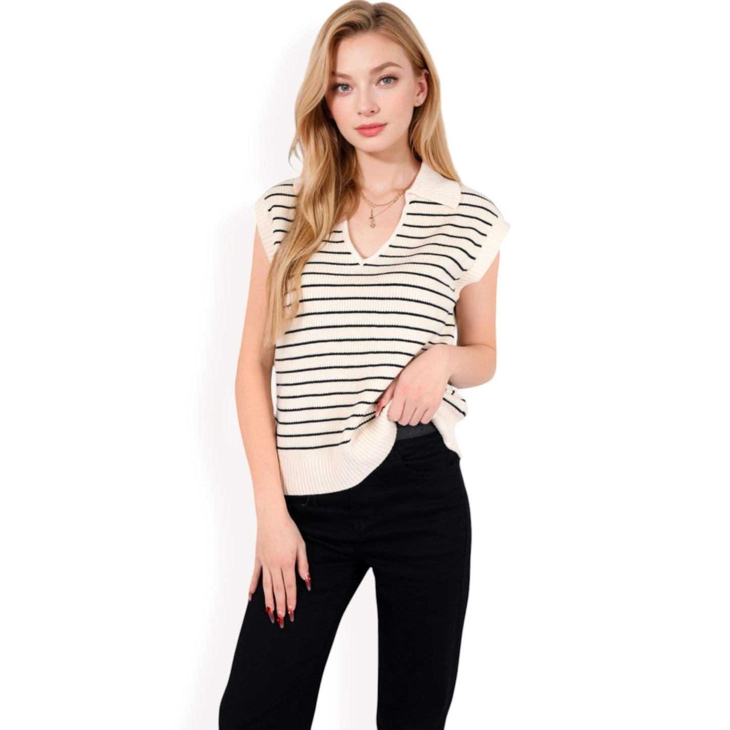 Striped Knit Sleeveless Sweater Vest with Collared V-Neck