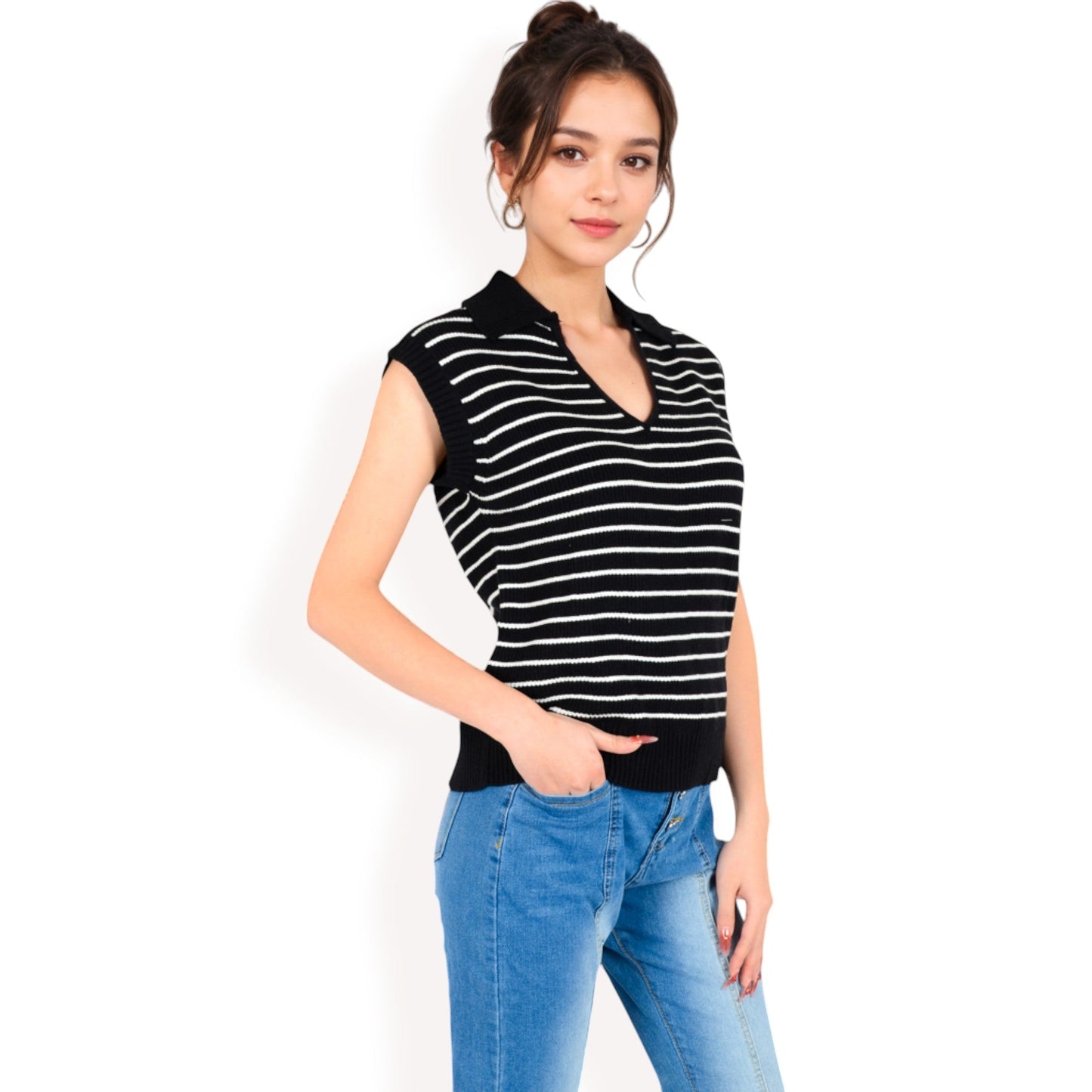 Striped Knit Sleeveless Sweater Vest with Collared V-Neck