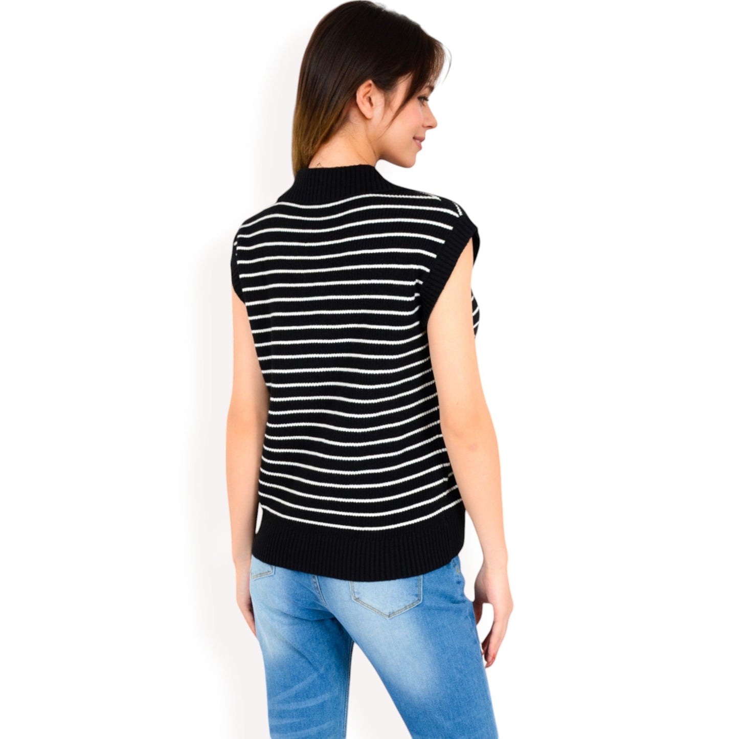 Striped Knit Sleeveless Sweater Vest with Collared V-Neck