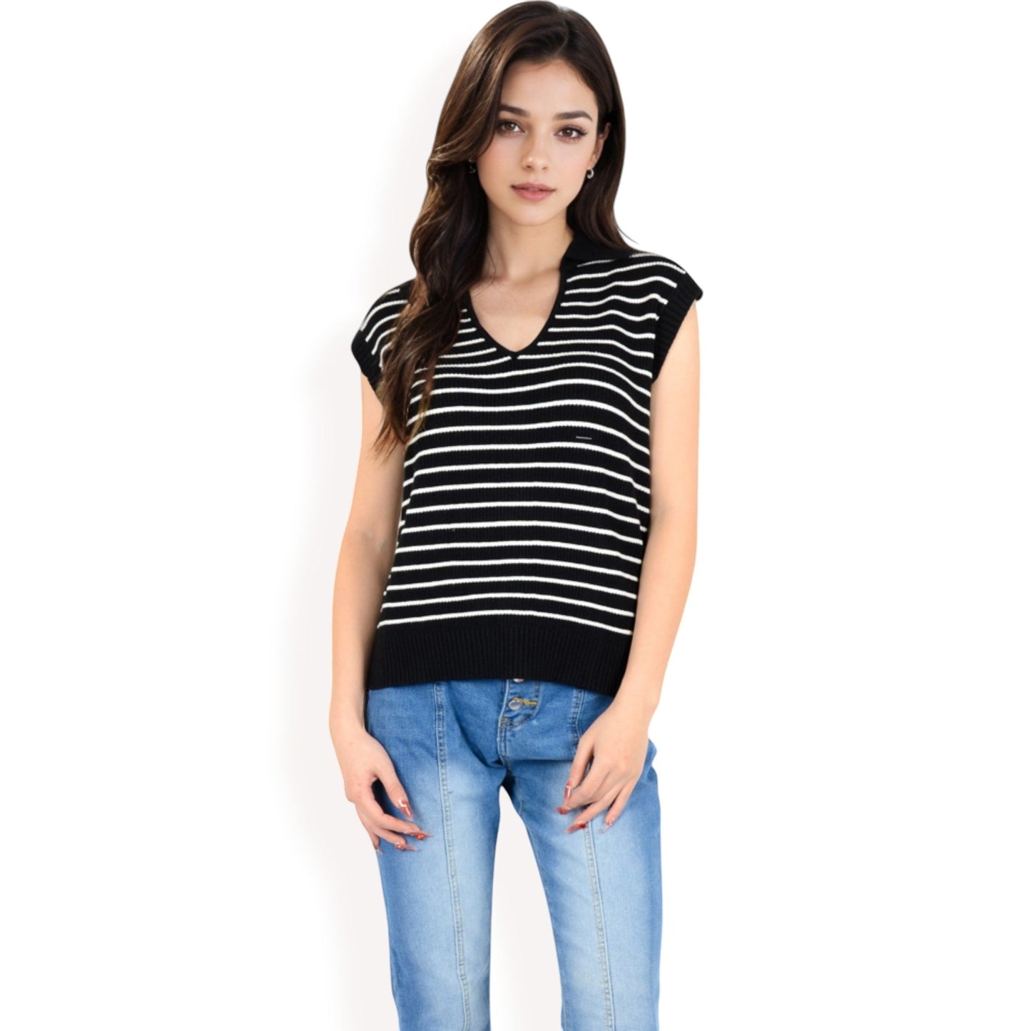 Striped Knit Sleeveless Sweater Vest with Collared V-Neck