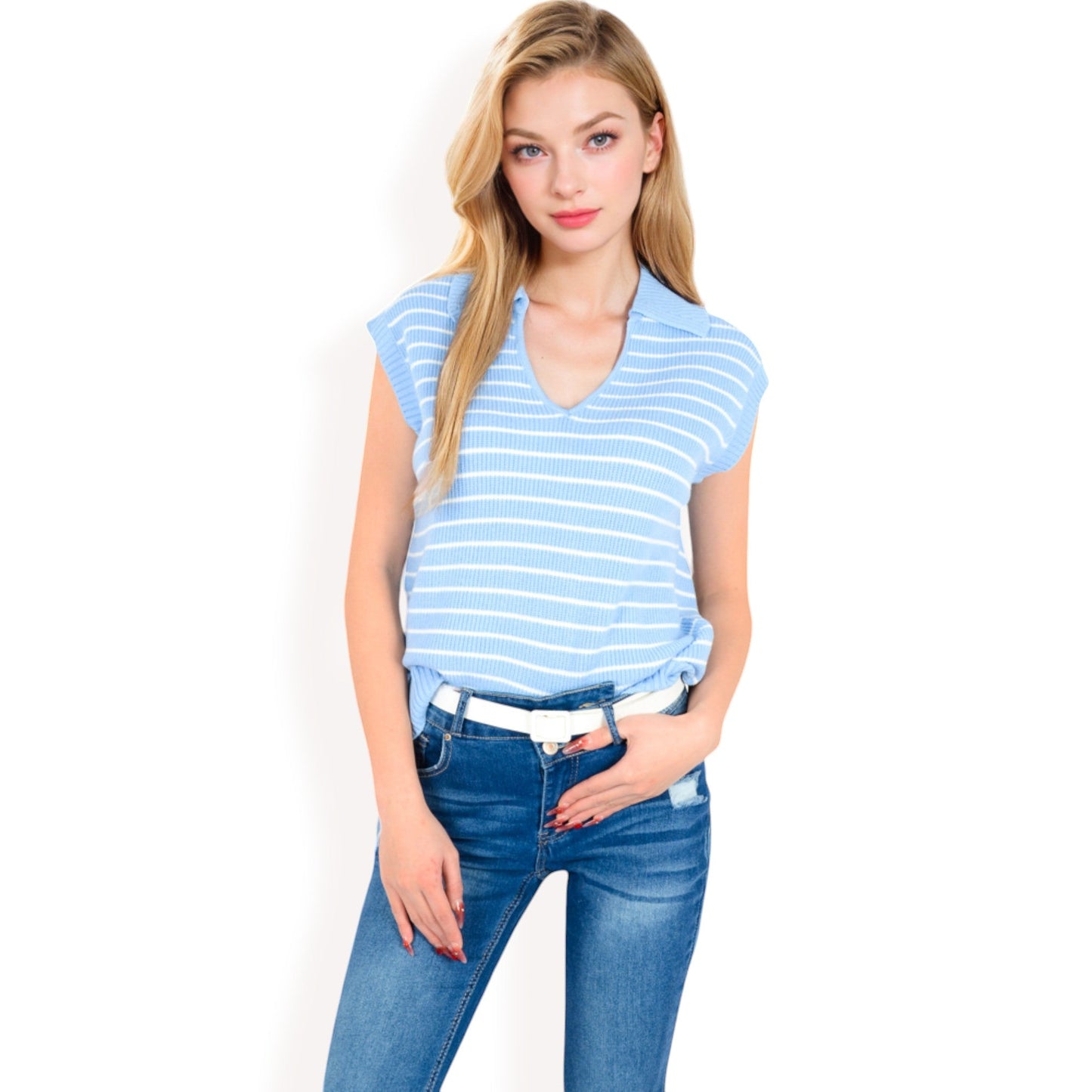 Striped Knit Sleeveless Sweater Vest with Collared V-Neck
