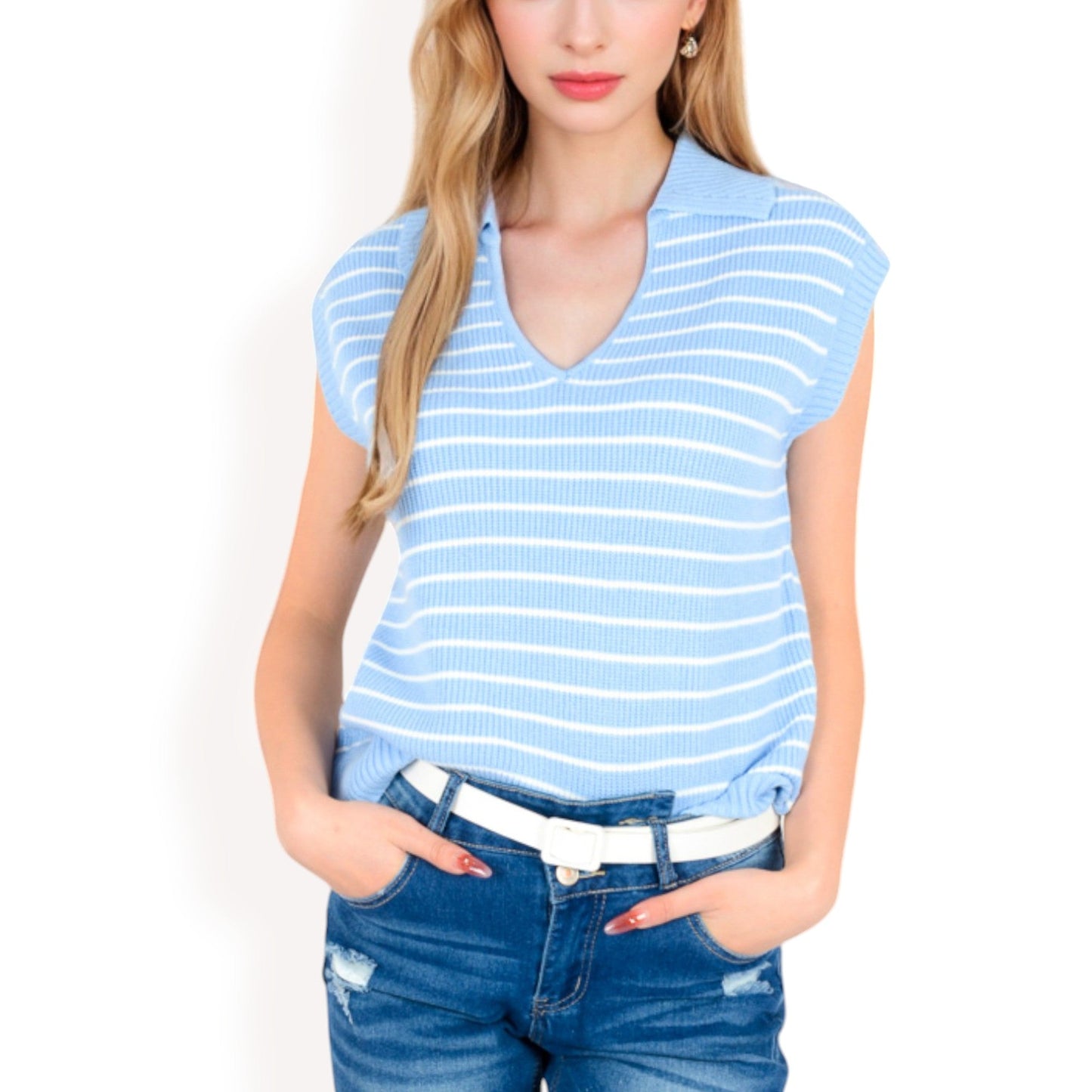 Striped Knit Sleeveless Sweater Vest with Collared V-Neck