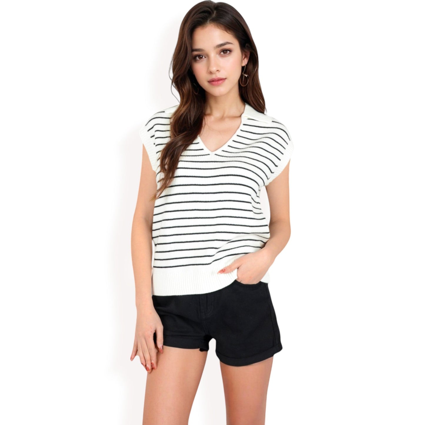 Striped Knit Sleeveless Sweater Vest with Collared V-Neck