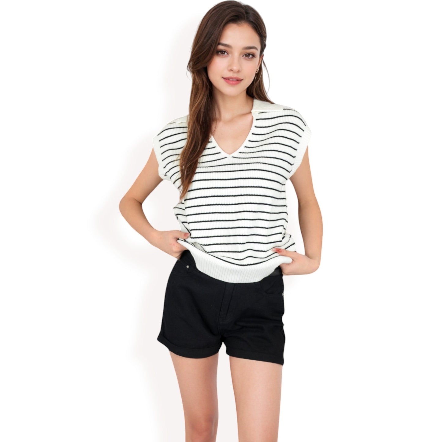 Striped Knit Sleeveless Sweater Vest with Collared V-Neck