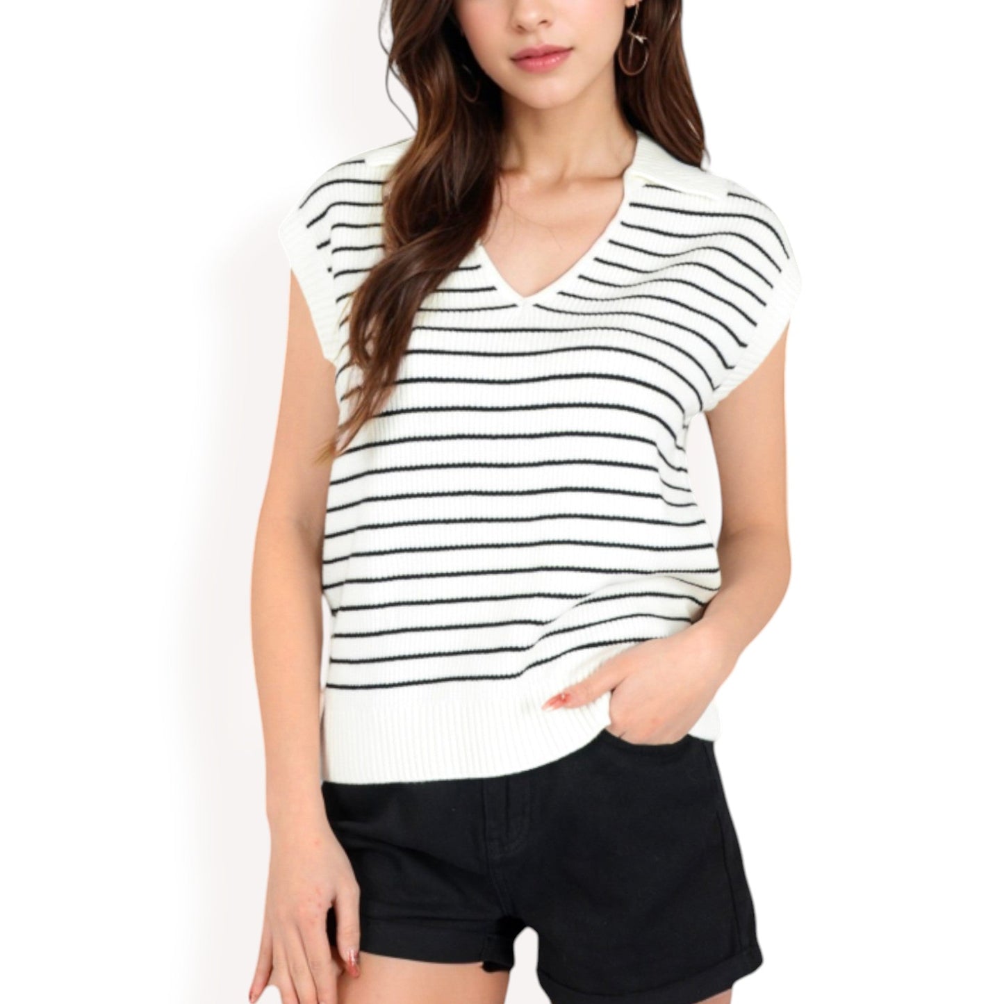 Striped Knit Sleeveless Sweater Vest with Collared V-Neck