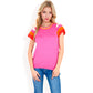 Colorblock Knit Short Sleeve Top with Bold Striped Sleeves