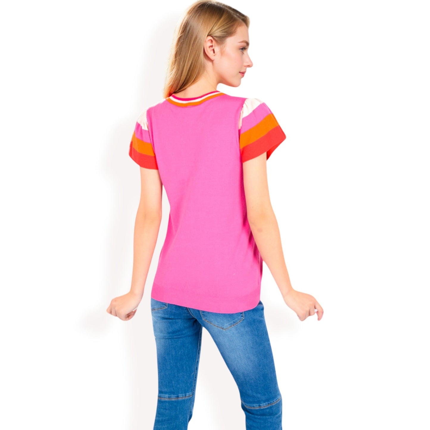 Colorblock Knit Short Sleeve Top with Bold Striped Sleeves