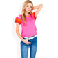 Colorblock Knit Short Sleeve Top with Bold Striped Sleeves
