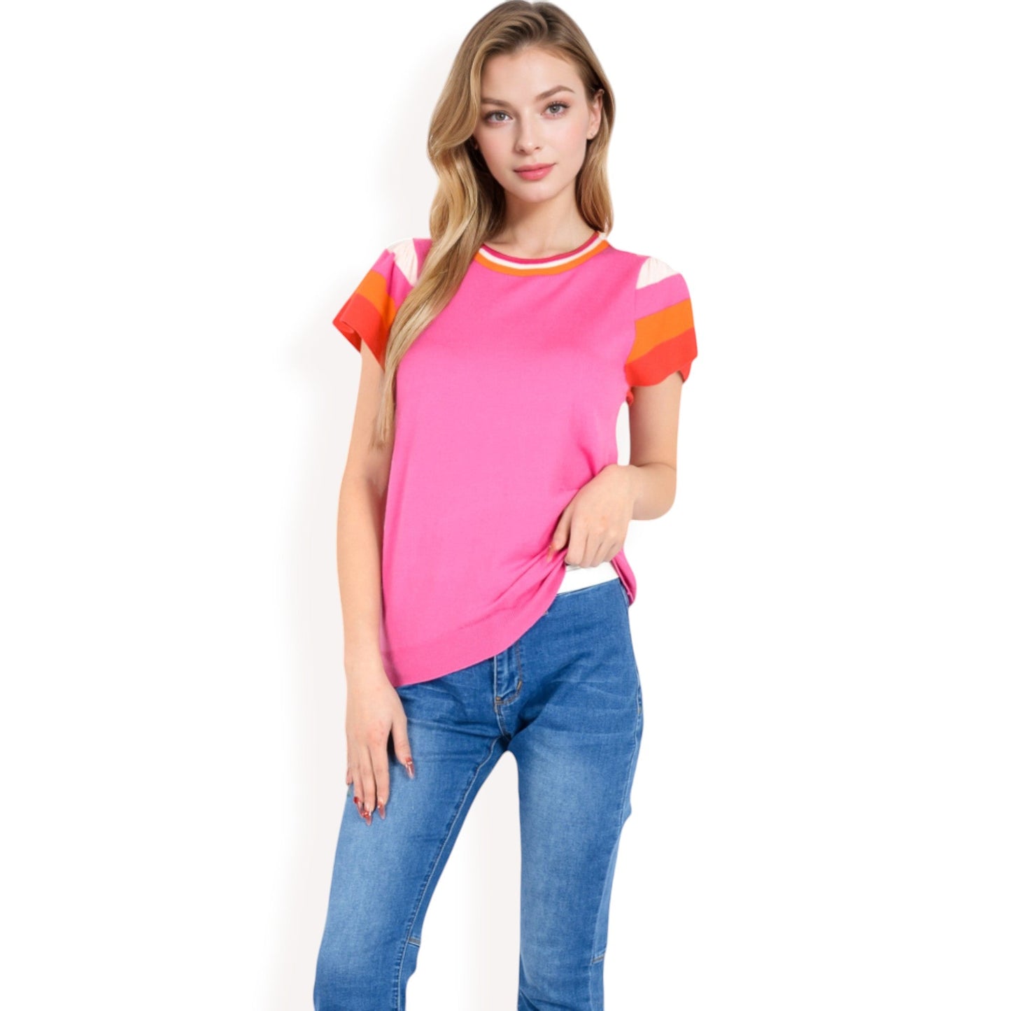 Colorblock Knit Short Sleeve Top with Bold Striped Sleeves