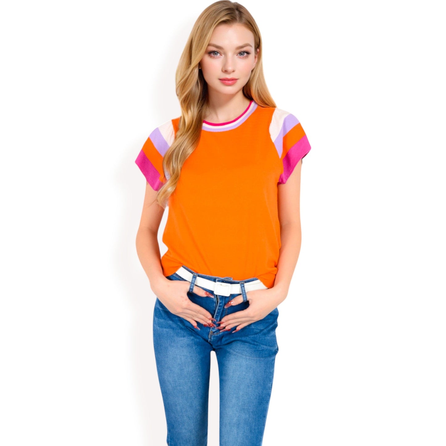 Colorblock Knit Short Sleeve Top with Bold Striped Sleeves