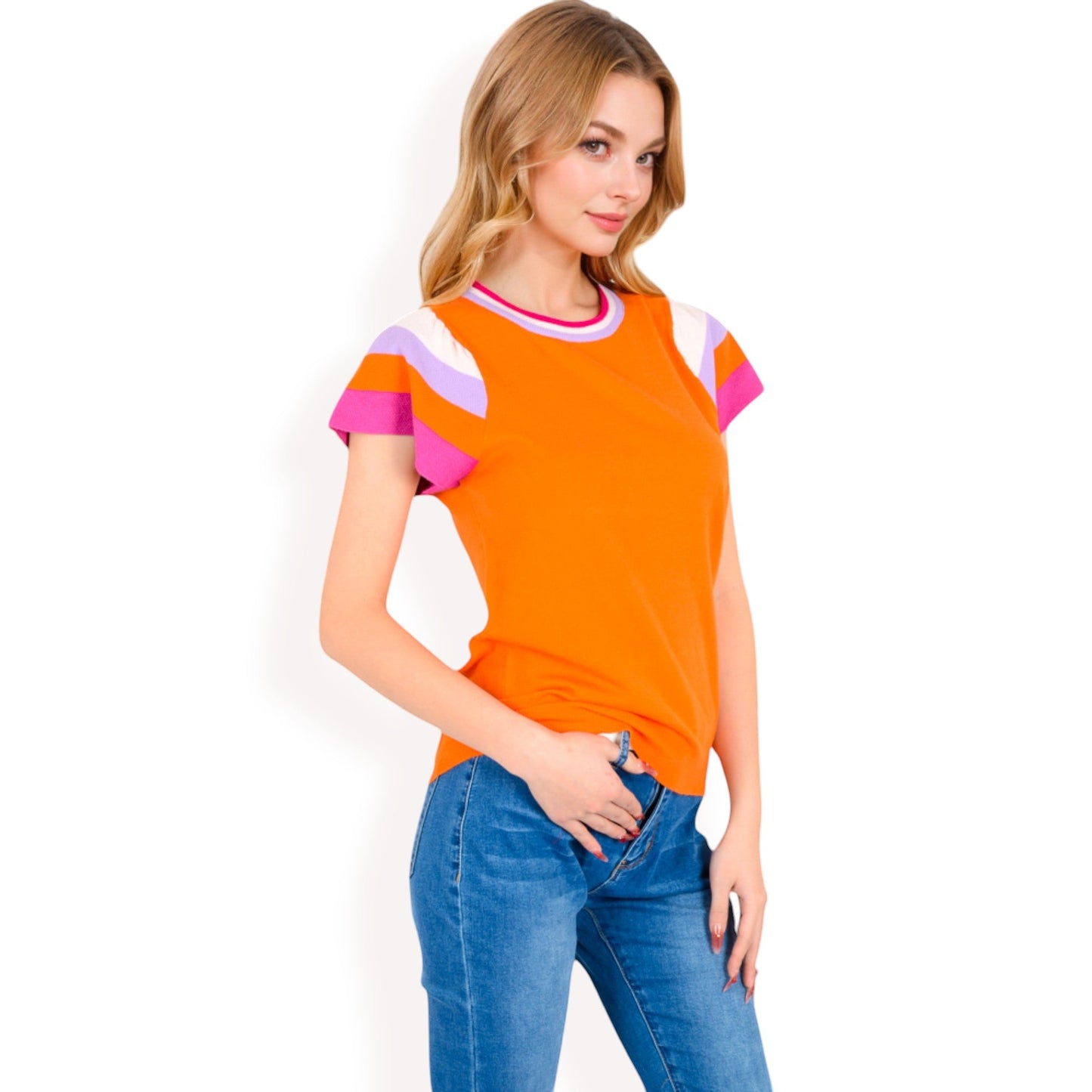 Colorblock Knit Short Sleeve Top with Bold Striped Sleeves