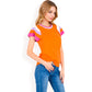 Colorblock Knit Short Sleeve Top with Bold Striped Sleeves